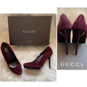 GUCCI Suede Bamboo Patent Heel Platform Pumps